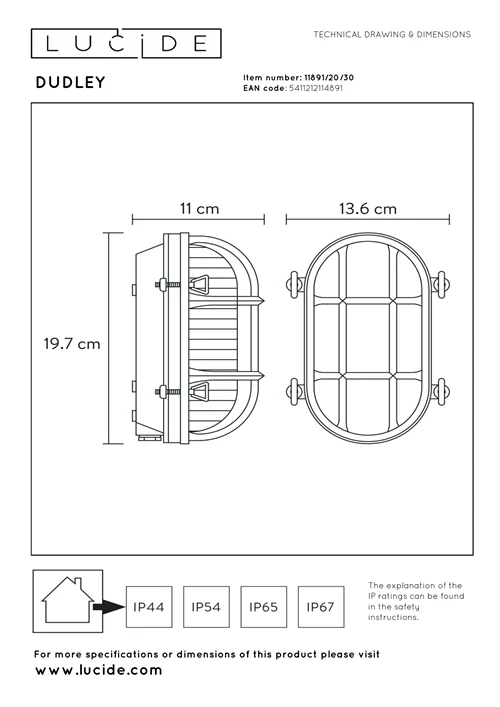 Lucide DUDLEY - Applique murale Intérieur/Extérieur - 1xE27 - IP65 - Noir - technique
